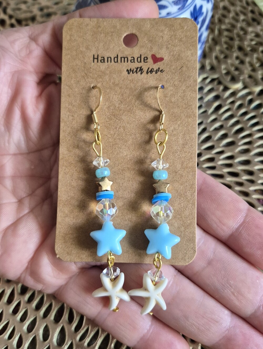 Handmade Blue Star & Starfish Bead Dangle Earrings